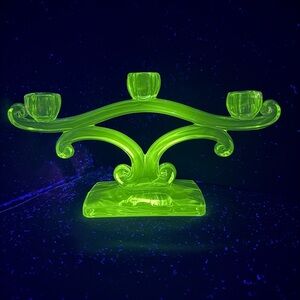 UV Reactive Viking Glass New Martinsville Triple Taper Candelabra Candle Holder
